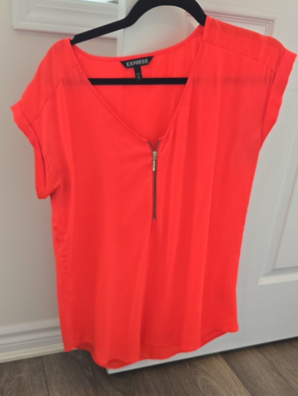 Express Neon Coral Zip-Front Short Sleeve Top